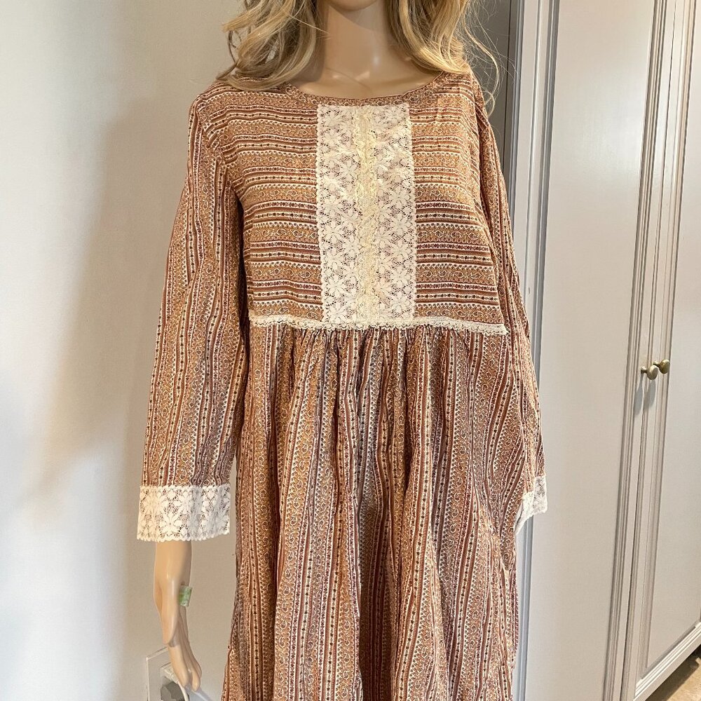 Vintage 1970s Boho Prairie Dress | Rust & Cream Stripe Calico Maxi